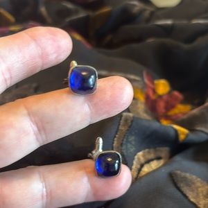 Vintage Art Deco square silver tone domed blue lucite unique toggle cuff links